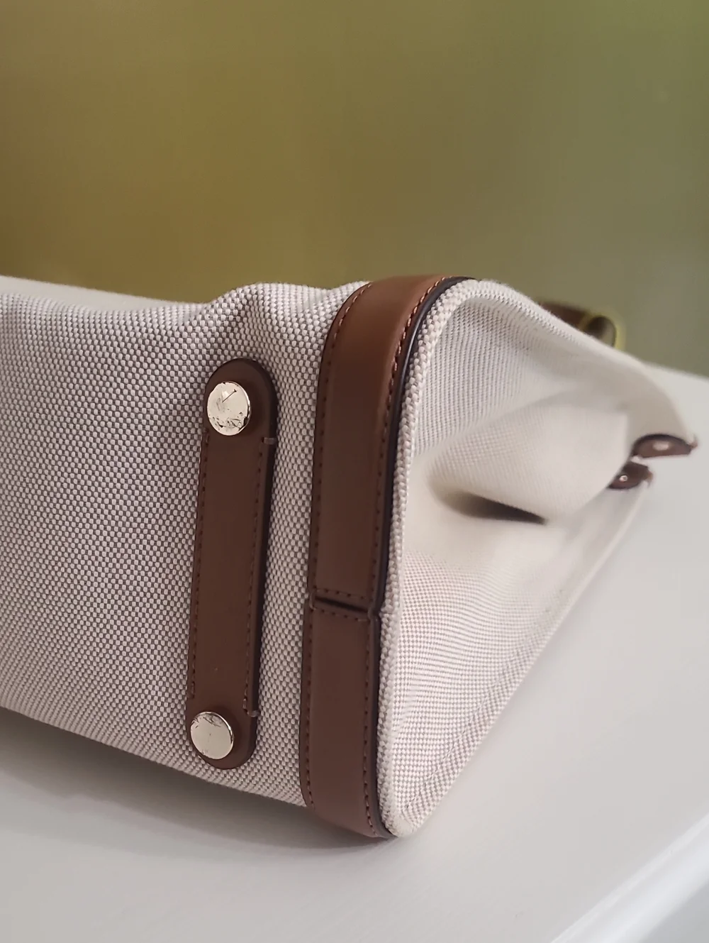 kate spade Beige Canvas Tote with Brown Trim and Yellow Charm